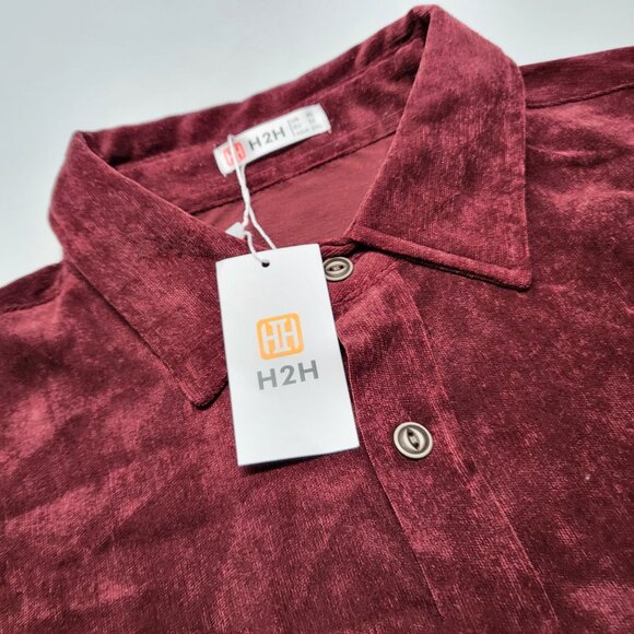 H2H Mens Shirt XL Velvet Faux Suede Button Up Long Sleeve Burgandy - Picture 7 of 16